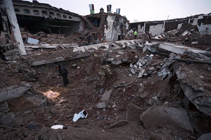 15 December 2022, Ukraine, Kharkiv: A general view of a destroyed infrastructure facility following a Russian missile strike in Kharkiv, northeastern Ukraine. Photo: -/Ukrinform/dpa
