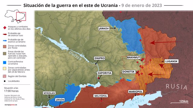 Mapa con la situación de la guerra en el este de ­Ucrania a 9 de enero de 2023 (Estado a las 17:00 horas).