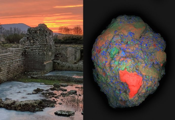 Un mapa elemental de área grande (Calcio: rojo, Silicio: azul, Aluminio: verde) de un fragmento de 2 cm de hormigón romano antiguo (derecha) recolectado del sitio arqueológico de Privernum, Italia (izquierda).