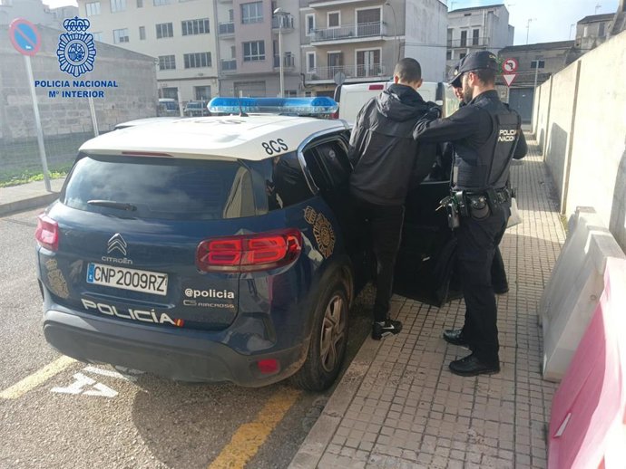 Agentes de Policía Nacional introducen en un coche patrulla al joven detenido por robos en viviendas de Manacor.
