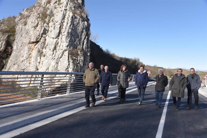 Armisen, los diputados y responsables municipales sobre el nuevo puente sobre el Pisuerga, en Villaescusa.