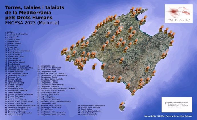 Mapa de las torres que serán iluminadas este sábado en Mallorca por los Derechos Humanos.