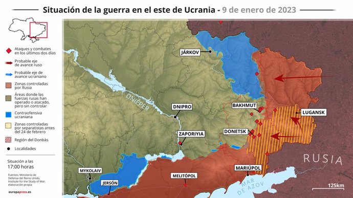 Mapa con la situación de la guerra en el este de Ucrania a 9 de enero de 2023 (Estado a las 17:00 horas). Las autoridades prorrusas de la región de Donetsk, en el este de Ucrania, han anunciado este lunes que se han hecho con el control de la localidad d