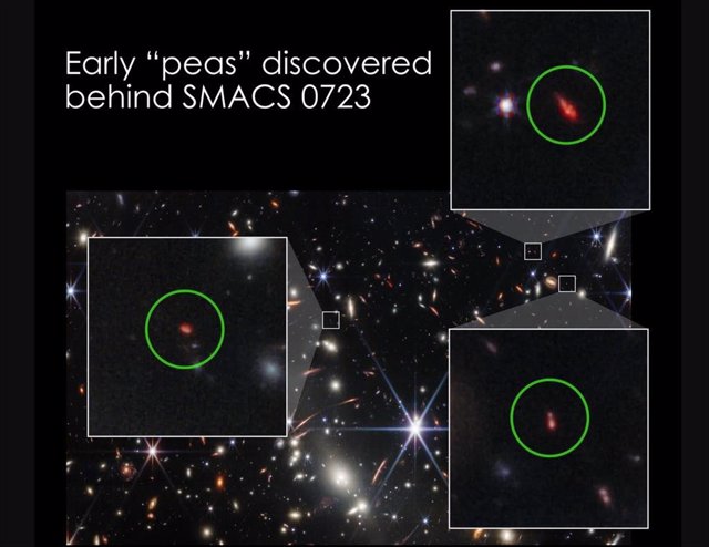 Un trío de objetos débiles (en un círculo) capturados en la imagen profunda del cúmulo de galaxias SMACS 0723 del telescopio espacial James Webb exhiben propiedades similares a cercanas galaxias pequeñas raras llamadas "guisantes verdes"