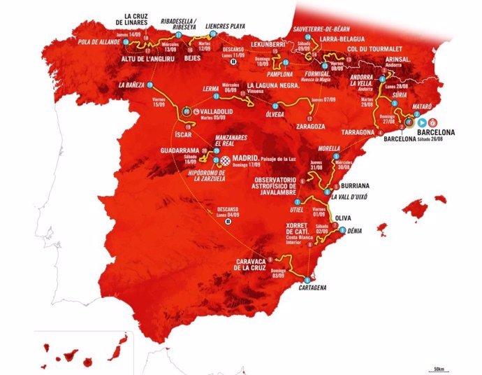 Recorrido oficial de La Vuelta 23, con salida en Barcelona y llegada en Madrid