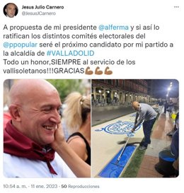Tuit de Jesús Julio Carnero en el que anuncia su candidatura a la Alcaldía de Valladolid, a falta de ratificación.
