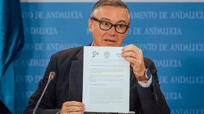 El portavoz de Vox en el Parlamento de Andalucía, Manuel Gavira, este miércoles en rueda de prensa.