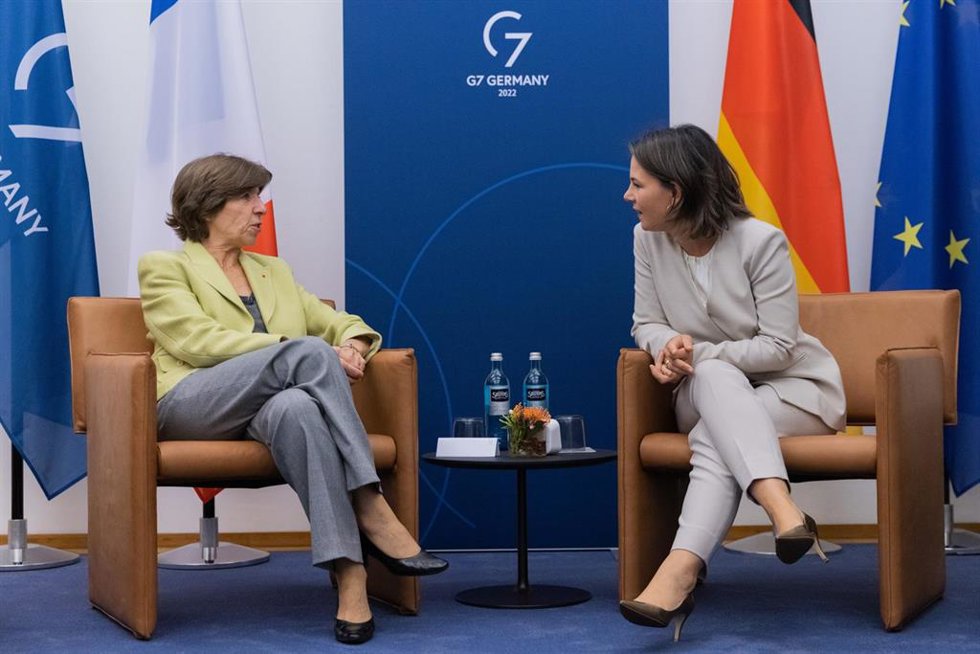Archivo - Imagen de archivo de la ministra alemana de Exteriores, Annalena Baerbock, se reúne con su homóloga francesa, Catherine Colonna, al margen de la reunión de ministros de Asuntos Exteriores de los países del G7.