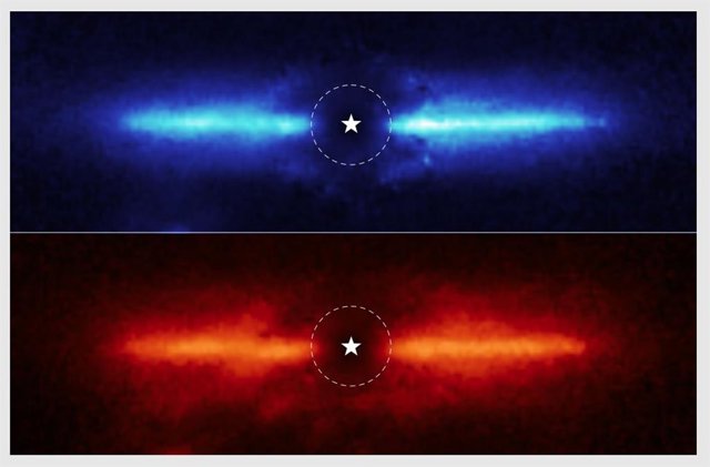 Estas dos imágenes corresponden al disco de escombros polvorientos alrededor de AU Mic, una estrella enana roja situada a 32 años-luz en la constelación austral de Microscopium.