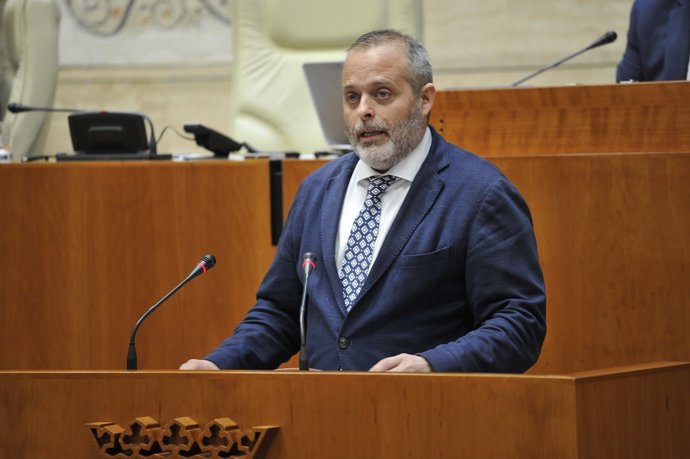 El consejero de Economía, Ciencia y Agenda Digital de la Junta de Extremadura, Rafael España, en el pleno de la Asamblea para hablar sobre la gigafactoría de Navalmoral