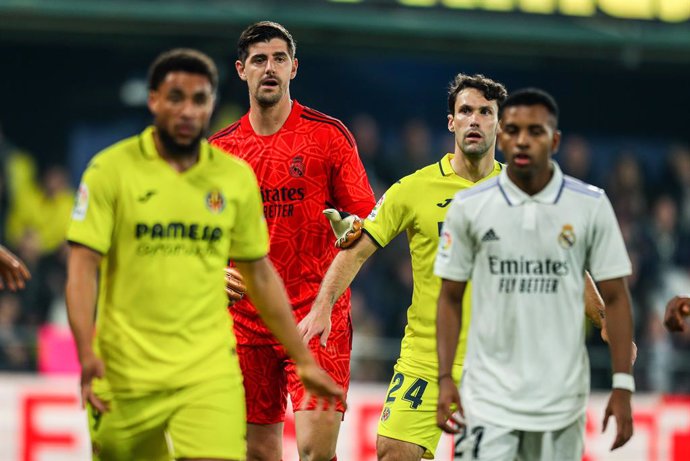 Thibaut Courtois of Real Madrid in action during the Santander League match between Villareal CF and Real Madrid at the La Ceramica Stadium on January 7, 2023, in Castellon, Spain.