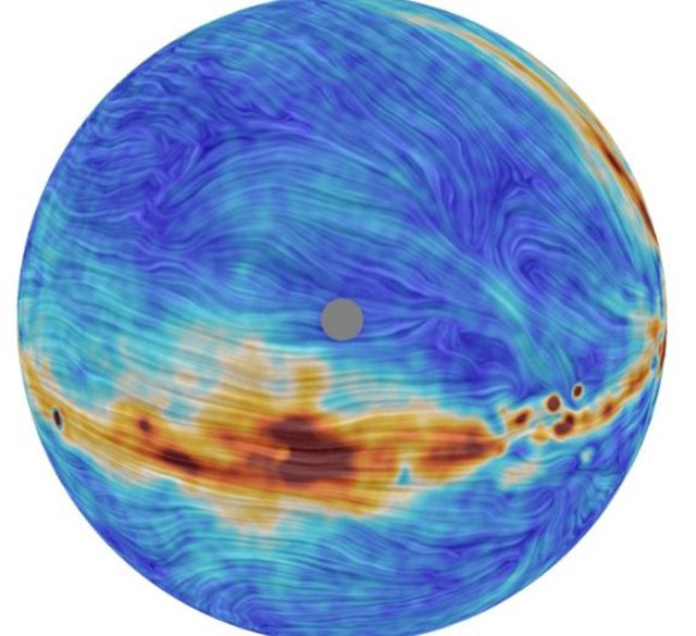 Mapa de la emisión polarizada de microondas en el hemisferio norte medida por QUIJOTE. El patrón de drapeado representa la dirección del campo magnético galáctico. La escala de colores representa la intensidad de la emisión.