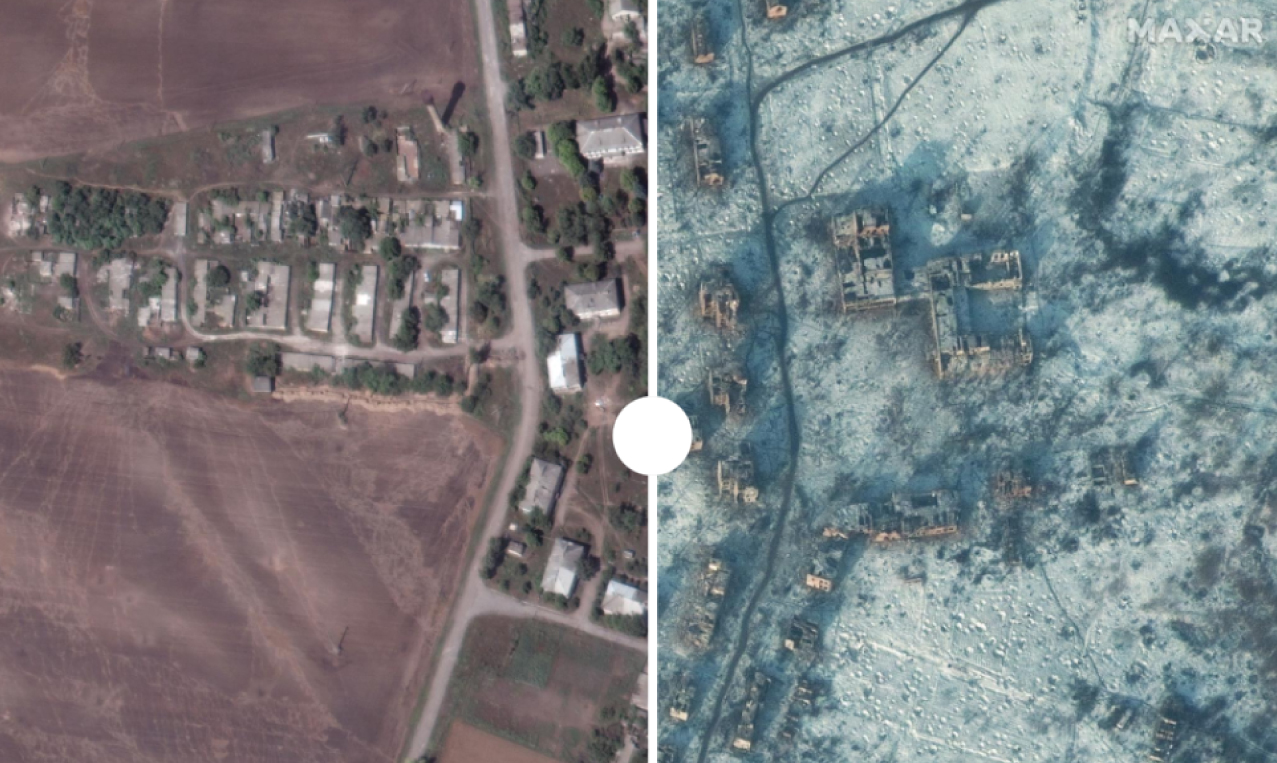 Antes y después de una escuela y edificios en Bakhmutske (Ucrania) el 1 de agosto de 2022 y el 10 de enero de 2023