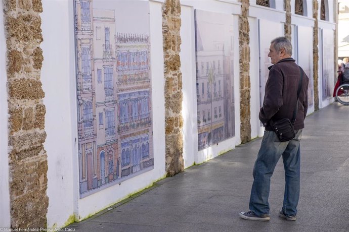 Una de las acuarelas de Juan Manuel Fernández-Pujol expuestas en la fachada del Mercado Central de Cádiz