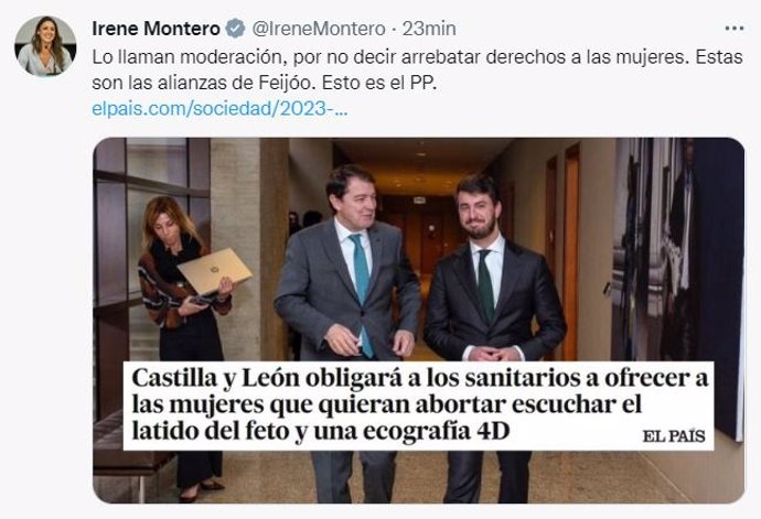 Tuit de la ministra Irene Montero sobre las medidas relativas al aborto anunciadas este jueves por la Junta de Castilla y León.