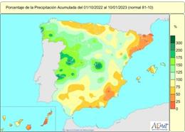 Mapa de lluvias acumuladas en España del 1 de octubre de 2022 al 10 de enero de 2023.