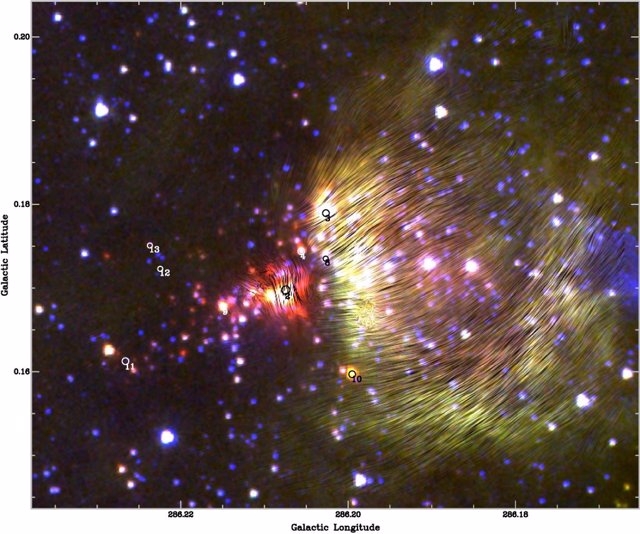 Las orientaciones del campo magnético de BYF 73, derivadas de los datos de SOFIA, se superponen a una imagen compuesta de la región tomada por el telescopio espacial Spitzer y el telescopio anglo-australiano.