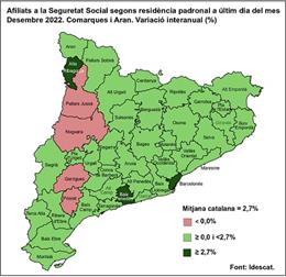 Variación interanual de la afiliación a la Seguridad Social según residencia en el último día de diciembre de 2022