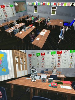 Imágenes del entorno de realidad virtual inmersiva, con el robot NAO, en el que se sumerge el alumnado con TEA.