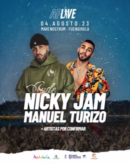 Cartel de Nicky Jam y Manuel Turizo en Marenostrum Fuengirola
