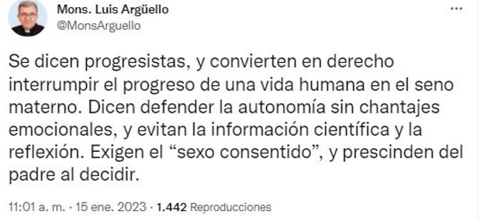 Captura del tuit de Argüello.