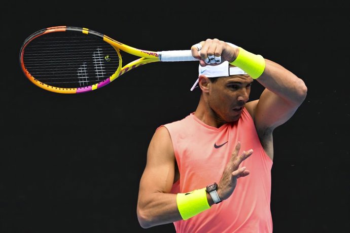 Rafael Nadal of Spain in action during a practice session ahead of the 2023 Australian Open tennis tournament at Melbourne Park in Melbourne, Sunday, January 15, 2023. (AAP Image/Lukas Coch) NO ARCHIVING, EDITORIAL USE ONLY