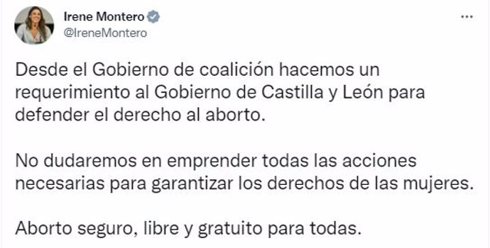 Mensaje en Twitter de Irene Montero.