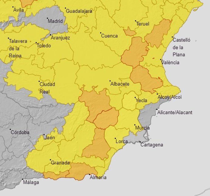Aviso amarillo y naranja en la Región de Murcia