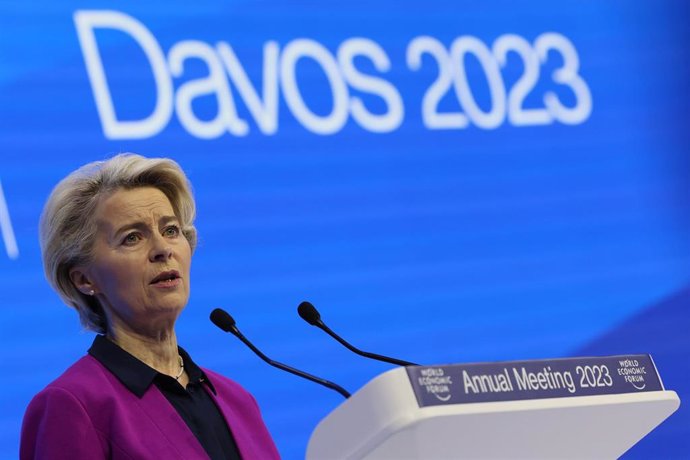 17 January 2023, Switzerland, Davos: President of the European Commission Ursula Von der Leyen delivers a speech at the 2023 World Economic Forum Annual Meeting in Davos. Photo: Benoit Doppagne/BELGA/dpa