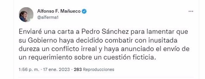 Captura del tuit de Fernández Mañueco sobre la carta que remitirá a Sánchez
