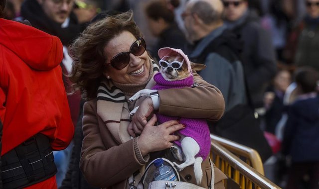 Una mujer asiste junto a su perro a la tradicional bendición y desfile de animales con motivo de la festividad de San Antonio Abad, a 17 de enero de 2023, en Valencia