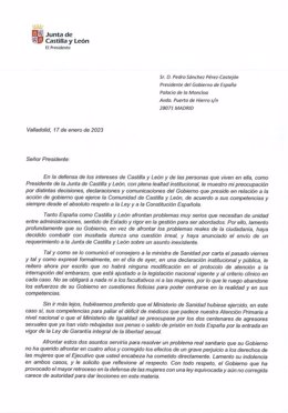 Carta remitida por Fernández Mañueco a Pedro Sánchez