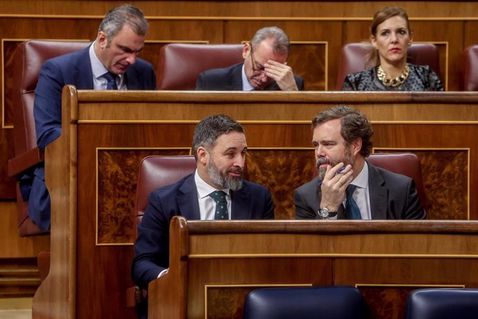 El líder de Vox, Santiago Abascal (i), y el portavoz parlamentario de Vox en el Congreso, Iván Espinosa de los Monteros, en el Congreso