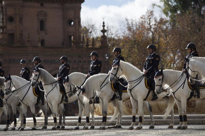 Unidad de caballería de la Policía durante un reciente acto celebrado en la Plaza de España por el día de San Antón.