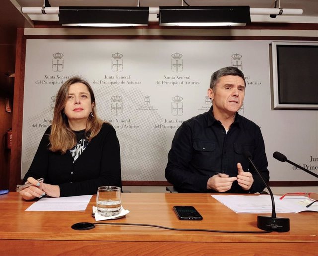 El portavoz parlamentario de Podemos Asturies, Rafael Palacios, y la portavoz municipal de Somos OviedoAna Taboada en rueda de prensa.