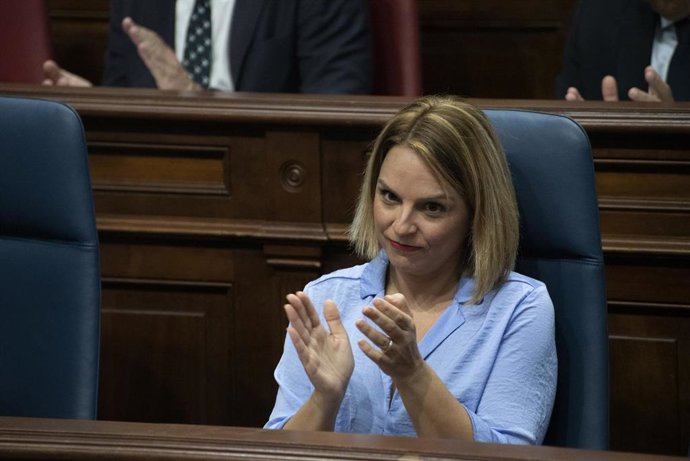 La consejera de Derechos Sociales del Gobierno Canario y presidenta de Podemos en Canarias, Noemí Santana Perera, durante una sesión plenaria en el Parlamento de Canarias, a 20 de diciembre de 2022, en Santa Cruz de Tenerife, Tenerife, Canarias (España)