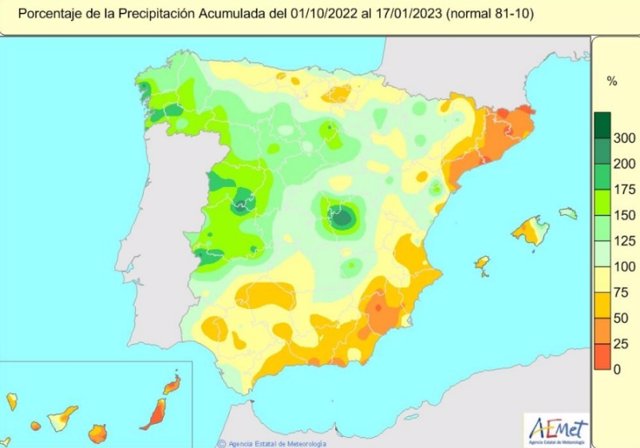 Mapa de lluvias acumuladas en España del 1 de octubre de 2022 al 17 de enero de 2023