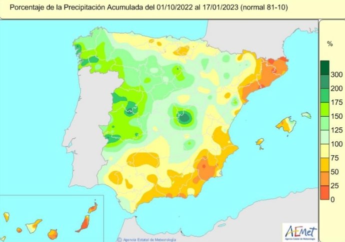 Mapa de lluvias acumuladas en España del 1 de octubre de 2022 al 17 de enero de 2023