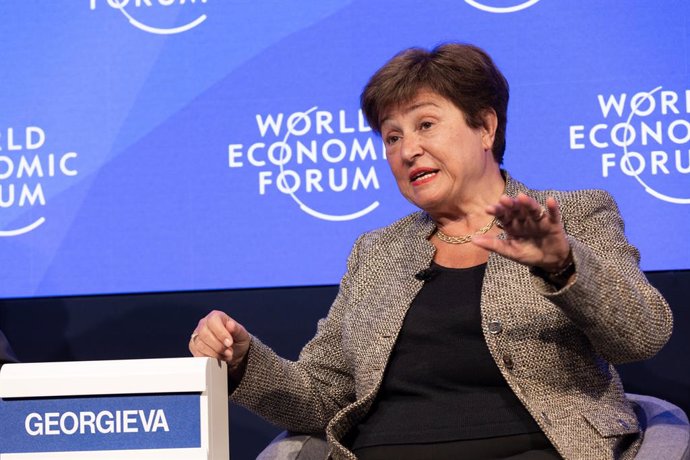 HANDOUT - 17 January 2023, Switzerland, Davos: Managing Director of the International Monetary Fund Kristalina Georgieva speaks in Keeping the Lights on amid Geopolitical Fracture session at the World Economic Forum Annual Meeting 2023 in Davos-Klosters