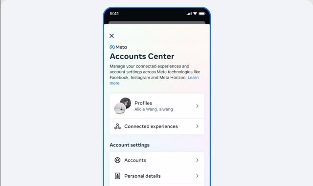 Interfaz del nuevo Centro de cuentas de las plataformas de Meta