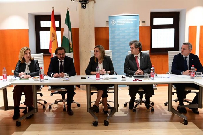 Marifrán Carazo, en el centro, en la reunión con el Consejo Andaluz de Colegios de Aparejadores, Arquitectos Técnicos e Ingenieros de Edificación