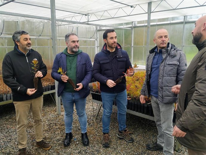 El consejero de Medio Rural, Alejandro Calvo; el director general de Infraestructuras Rurales y Montes, Fernando Prendes; el director general del Medio Natural y Planificación Rural, David Villar, y el responsable del vivero La Mata, Eloy Ron,