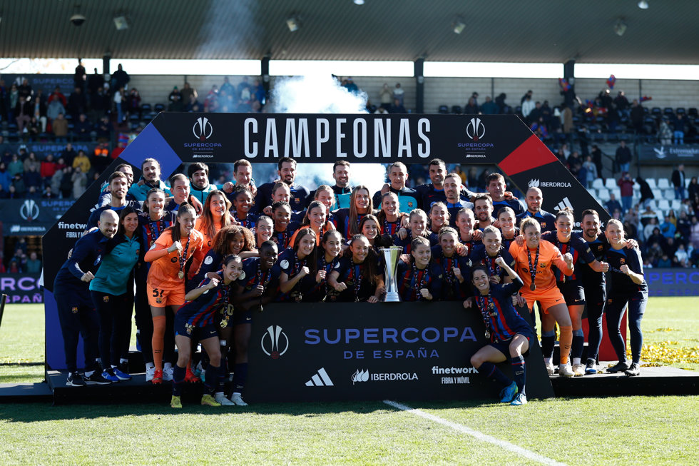 Players of FC Barcelona celebrate the victory with the winners trophy during the Spanish Women Supercup, Final, football match played between Real Sociedad and FC Barcelona at Estadio Romano Jose Fouto on january 22, 2023, in Merida, Spain.