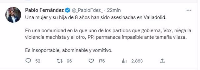 Captura del tuir de Pablo Fernández.
