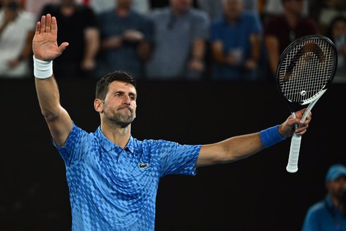 Novak Djokovic of Serbia celebrates after winning his match against Alex de Minaur of Australia during the 2023 Australian Open tennis tournament at Melbourne Park in Melbourne, Monday, January 23, 2023. (AAP Image/Joel Carrett) NO ARCHIVING, EDITORIAL 