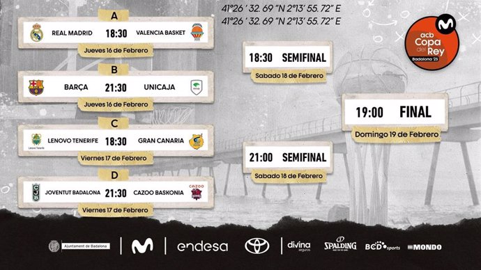 Sorteo de los cuartos de final de la Copa del Rey de baloncesto de 2023, que se disputa del 16 al 19 de febrero en Badalona.