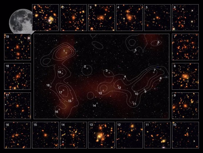 Esta imagen compuesta en color de un supercúmulo fue captada el telescopio Subaru. Los contornos blancos del centro muestran la distribución de la densidad de galaxias, y las regiones rojas indican concentraciones intensas de materia oscura.