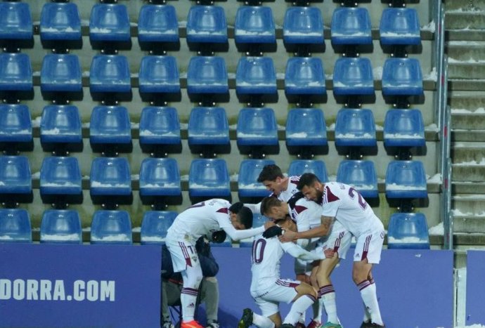 Los jugadores del Albacete celebran su gol ante el Andorra en LaLiga SmartBank 2022-2023
