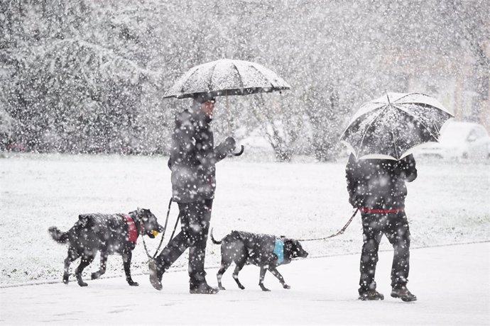 Dos personas y sus perros caminan bajo la nieve, a 18 de enero de 2023, en Pamplona, Navarra (España). El fuerte temporal asociado a las borrascas Gérard y Fien ha hecho que Navarra amanezca hoy con abundantes precipitaciones de nieve en la zona norte y