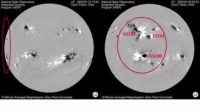 La instalación GONG, con sede en Cerro Tololo (Chile), elaboró magnetogramas que muestran las regiones activas del Sol (rodeadas por un círculo) emergiendo del limbo oriental (13 de enero de 2023) y girando en dirección a la Tierra.
